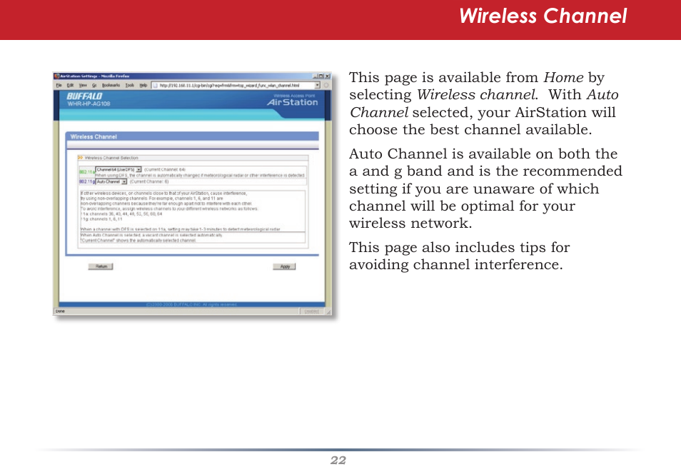 Wireless channel | HP WHR-HP-AG108 User Manual | Page 22 / 88