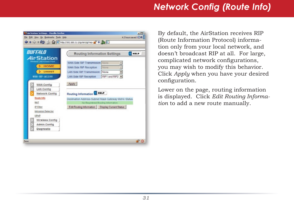 Network config (route info) | HP WHR-HP-AG108 User Manual | Page 31 / 88