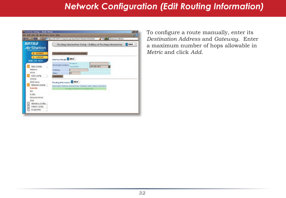 Network configuration (edit routing information) | HP WHR-HP-AG108 User Manual | Page 32 / 88