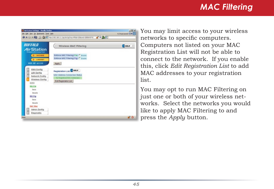 Mac filtering | HP WHR-HP-AG108 User Manual | Page 45 / 88