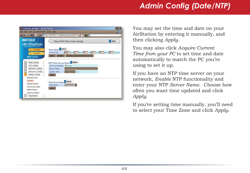 Admin config (date/ntp) | HP WHR-HP-AG108 User Manual | Page 48 / 88