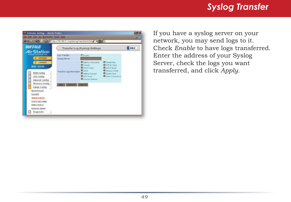 Syslog transfer | HP WHR-HP-AG108 User Manual | Page 49 / 88