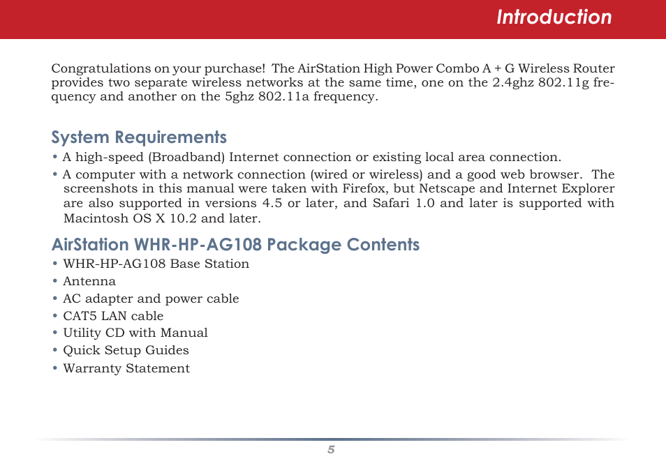 Introduction, System requirements, Airstation whr-hp-ag108 package contents | HP WHR-HP-AG108 User Manual | Page 5 / 88