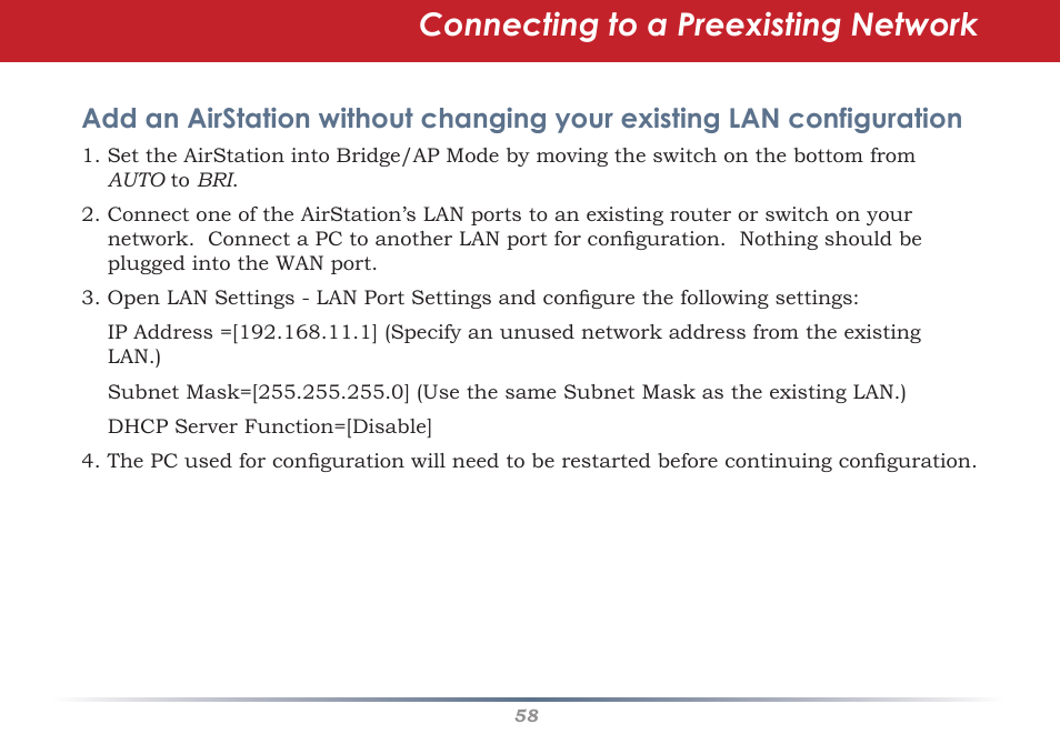 Connecting to a preexisting network | HP WHR-HP-AG108 User Manual | Page 58 / 88