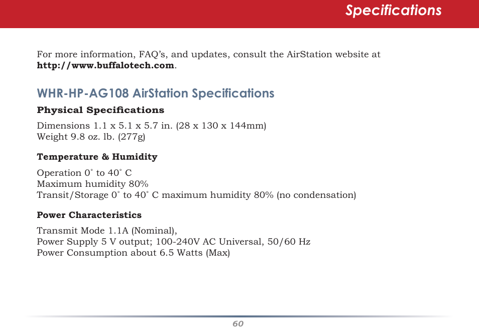 Specifications, Whr-hp-ag108 airstation specifications | HP WHR-HP-AG108 User Manual | Page 60 / 88