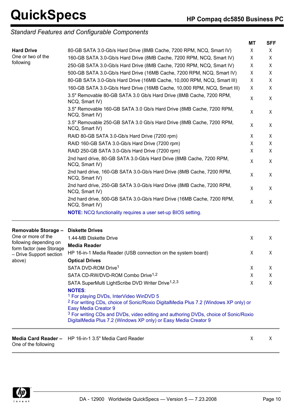 Quickspecs | HP Compaq Business PC dc5850 User Manual | Page 10 / 40