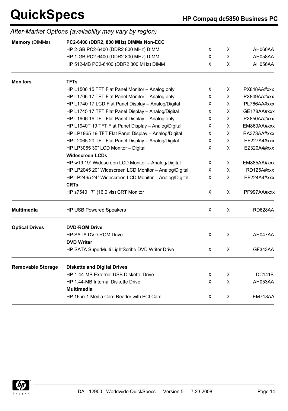 Quickspecs | HP Compaq Business PC dc5850 User Manual | Page 14 / 40