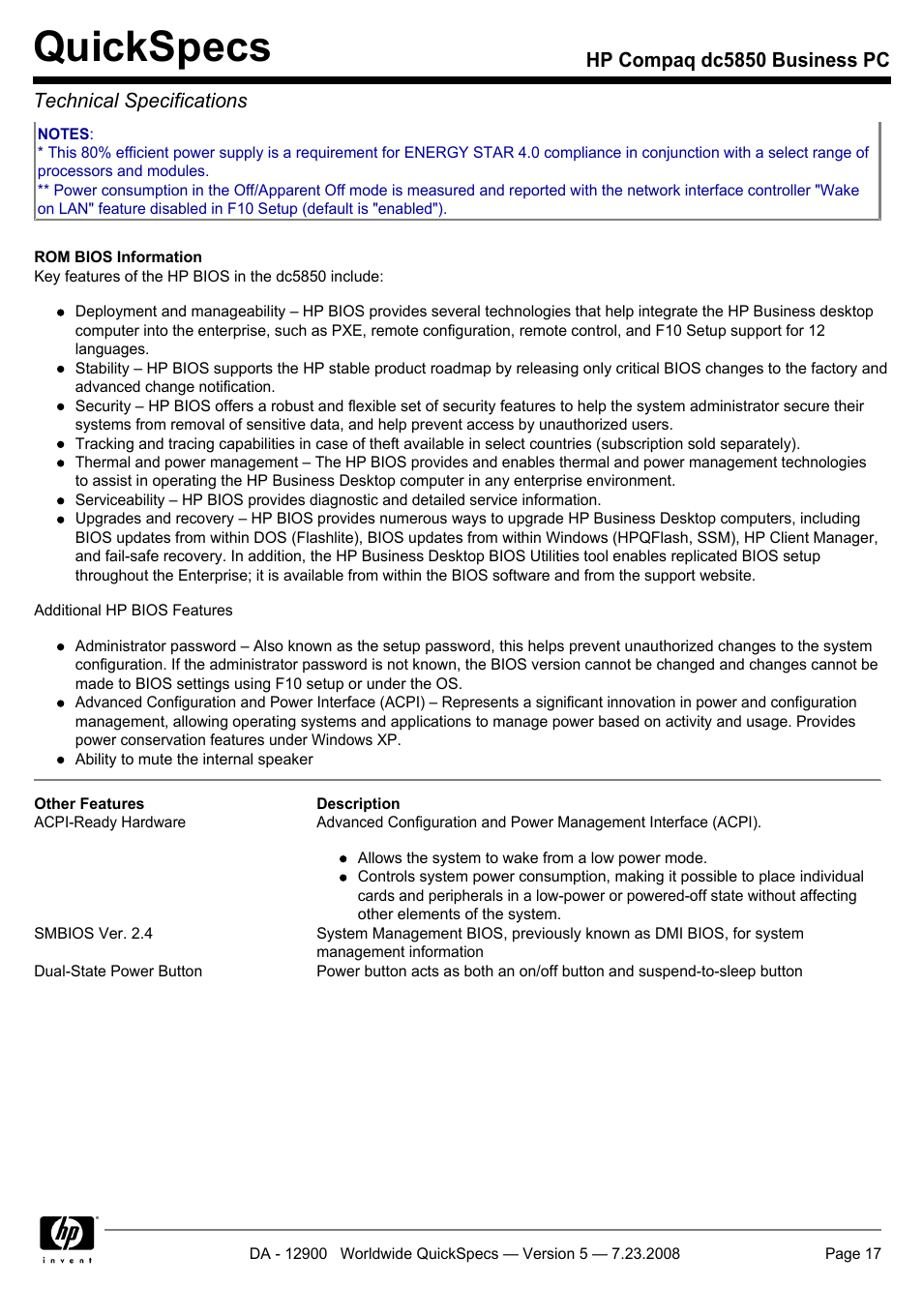 Quickspecs | HP Compaq Business PC dc5850 User Manual | Page 17 / 40