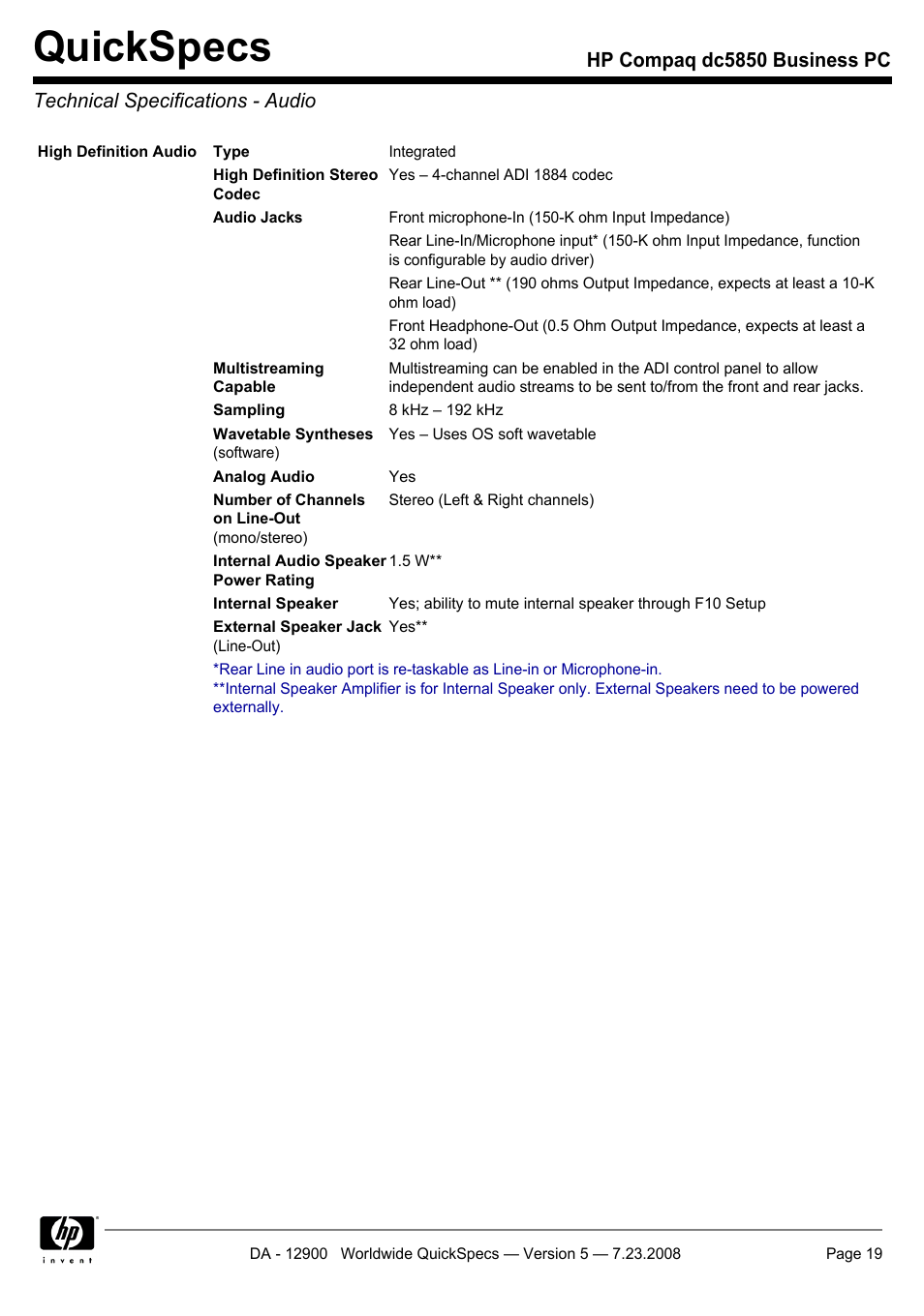 Technical specifications - audio, Quickspecs | HP Compaq Business PC dc5850 User Manual | Page 19 / 40