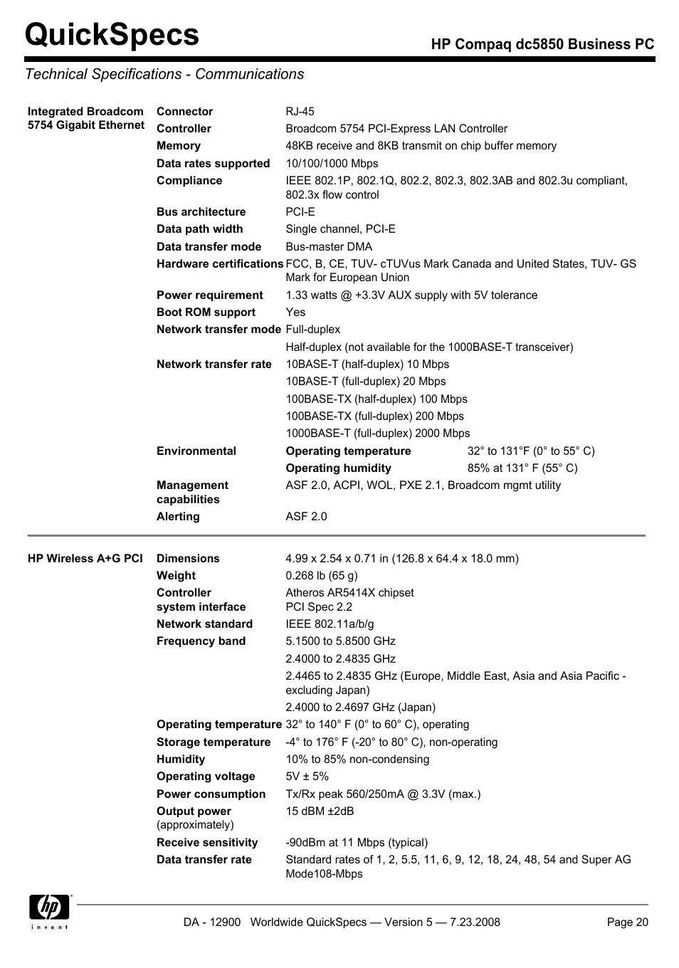 Technical specifications - communications, Quickspecs | HP Compaq Business PC dc5850 User Manual | Page 20 / 40