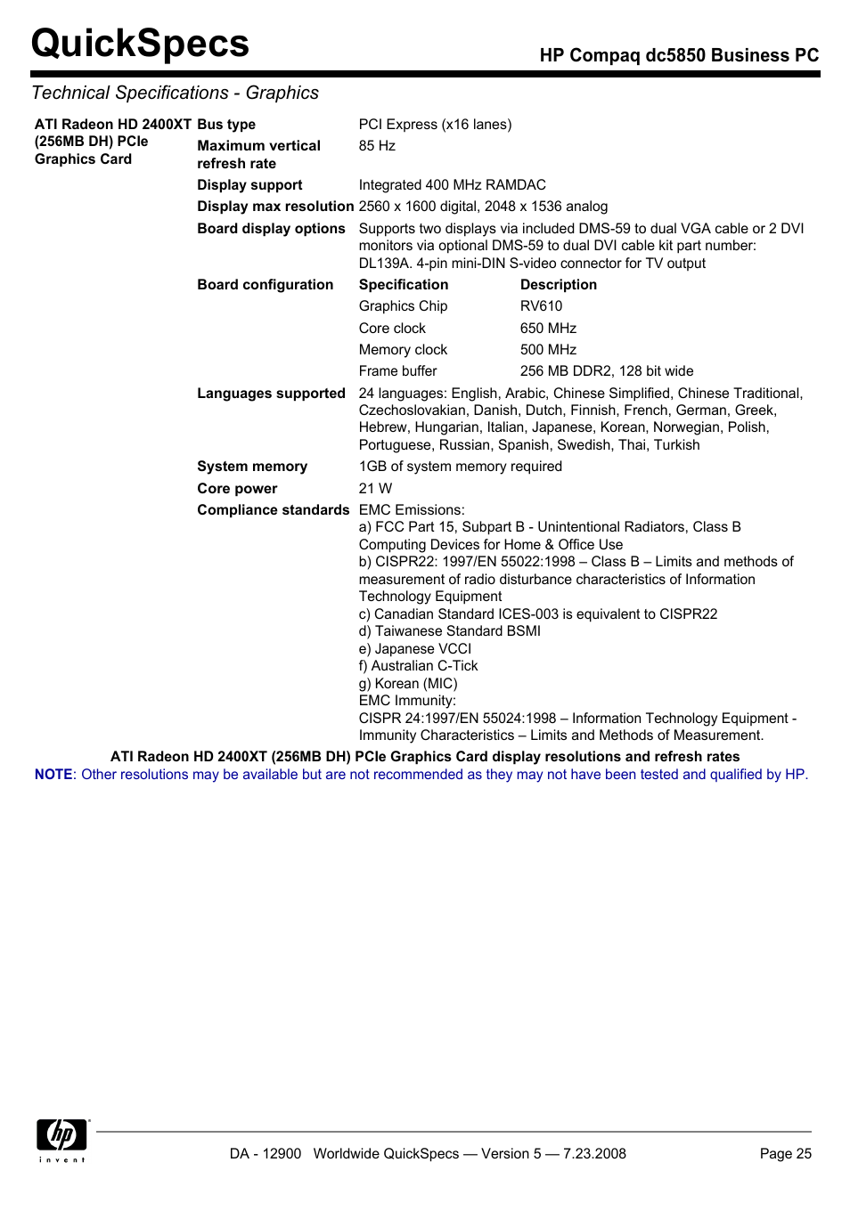 Quickspecs | HP Compaq Business PC dc5850 User Manual | Page 25 / 40