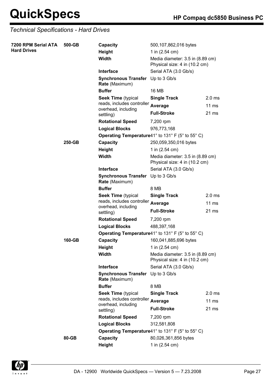 Technical specifications - hard drives, Quickspecs | HP Compaq Business PC dc5850 User Manual | Page 27 / 40