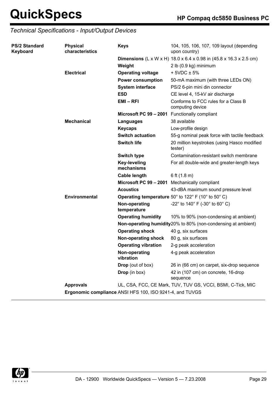 Technical specifications - input/output devices, Quickspecs | HP Compaq Business PC dc5850 User Manual | Page 29 / 40