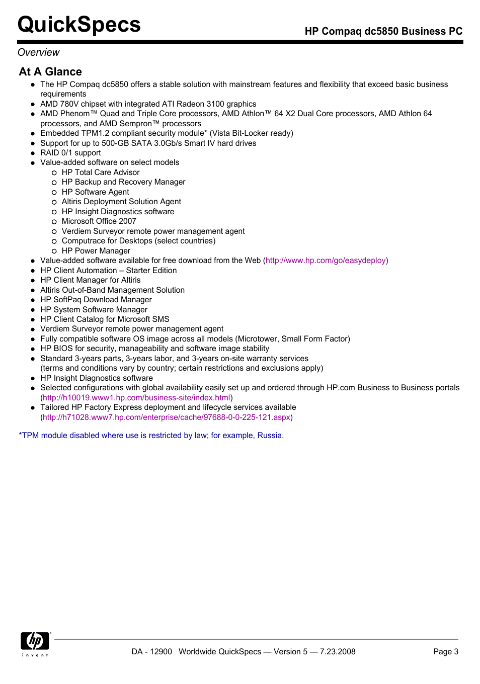 Quickspecs, At a glance | HP Compaq Business PC dc5850 User Manual | Page 3 / 40