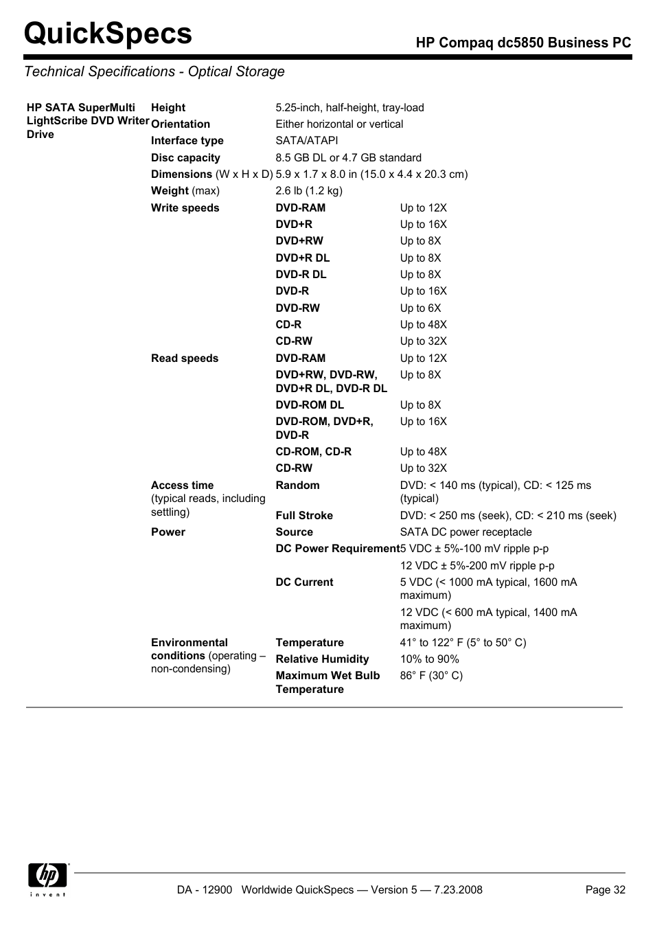 Technical specifications - optical storage, Quickspecs | HP Compaq Business PC dc5850 User Manual | Page 32 / 40