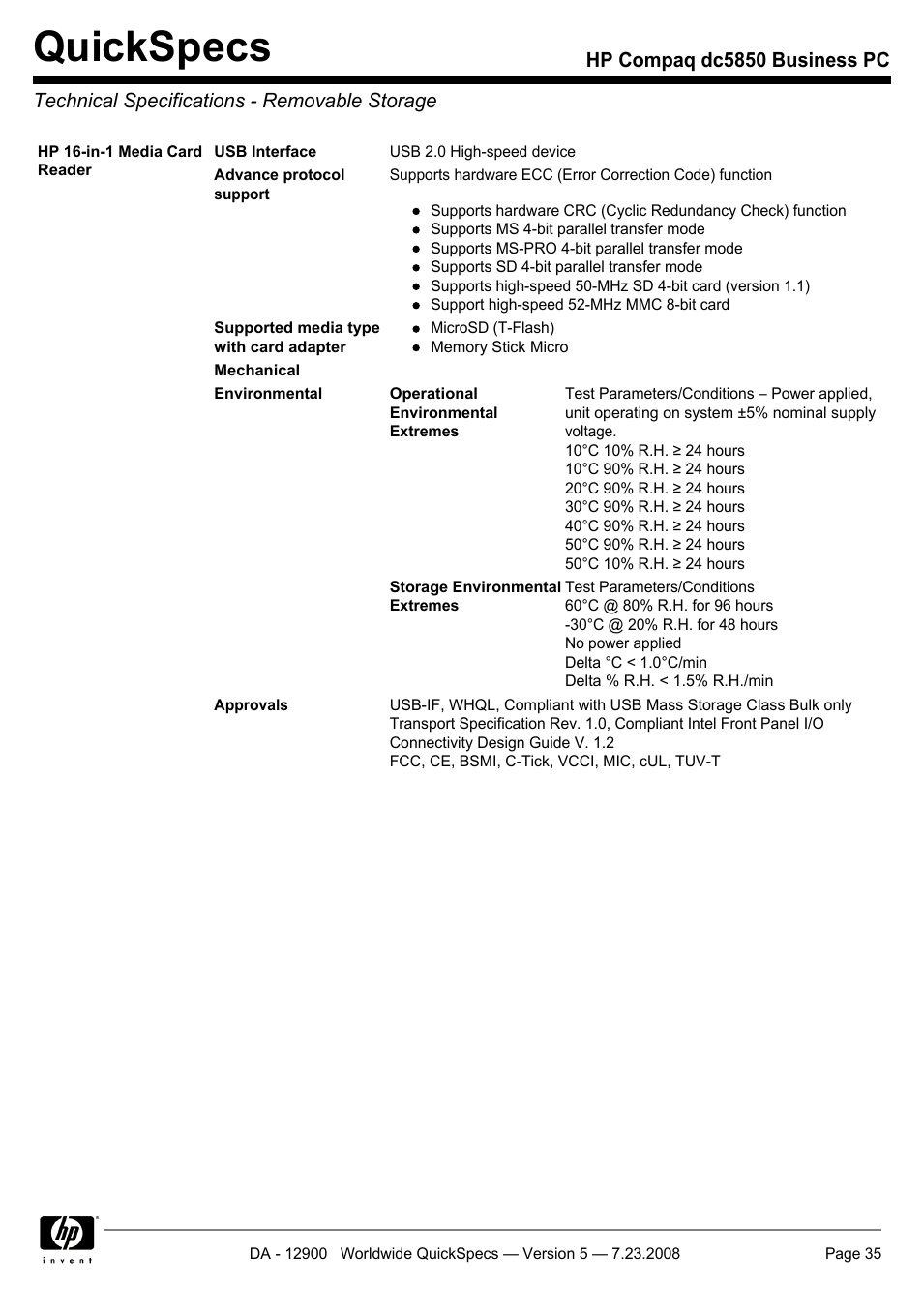 Technical specifications - removable storage, Quickspecs | HP Compaq Business PC dc5850 User Manual | Page 35 / 40