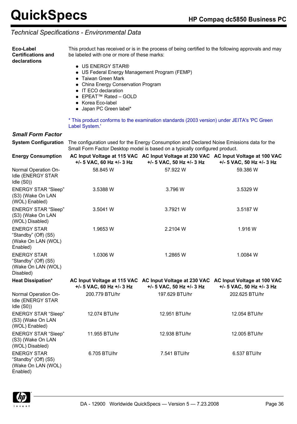 Technical specifications - environmental data, Quickspecs | HP Compaq Business PC dc5850 User Manual | Page 36 / 40