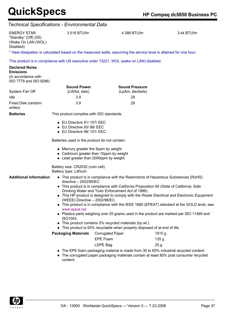 Quickspecs | HP Compaq Business PC dc5850 User Manual | Page 37 / 40