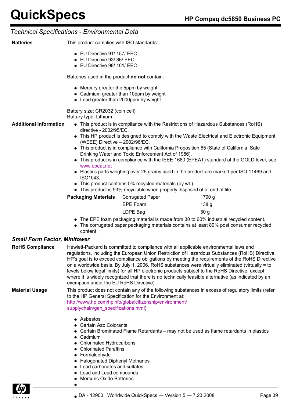 Quickspecs | HP Compaq Business PC dc5850 User Manual | Page 39 / 40
