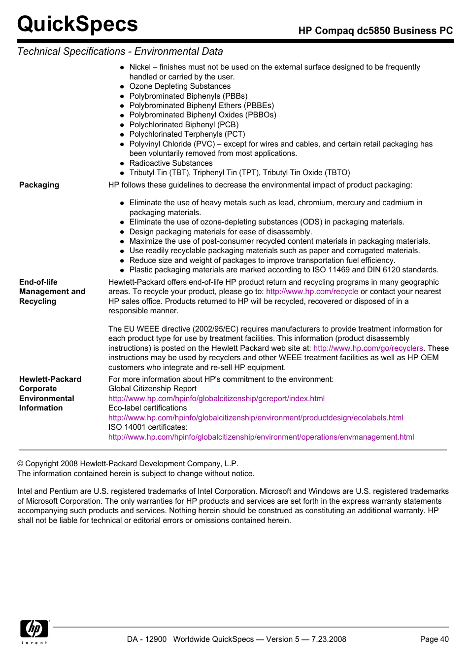 Quickspecs | HP Compaq Business PC dc5850 User Manual | Page 40 / 40