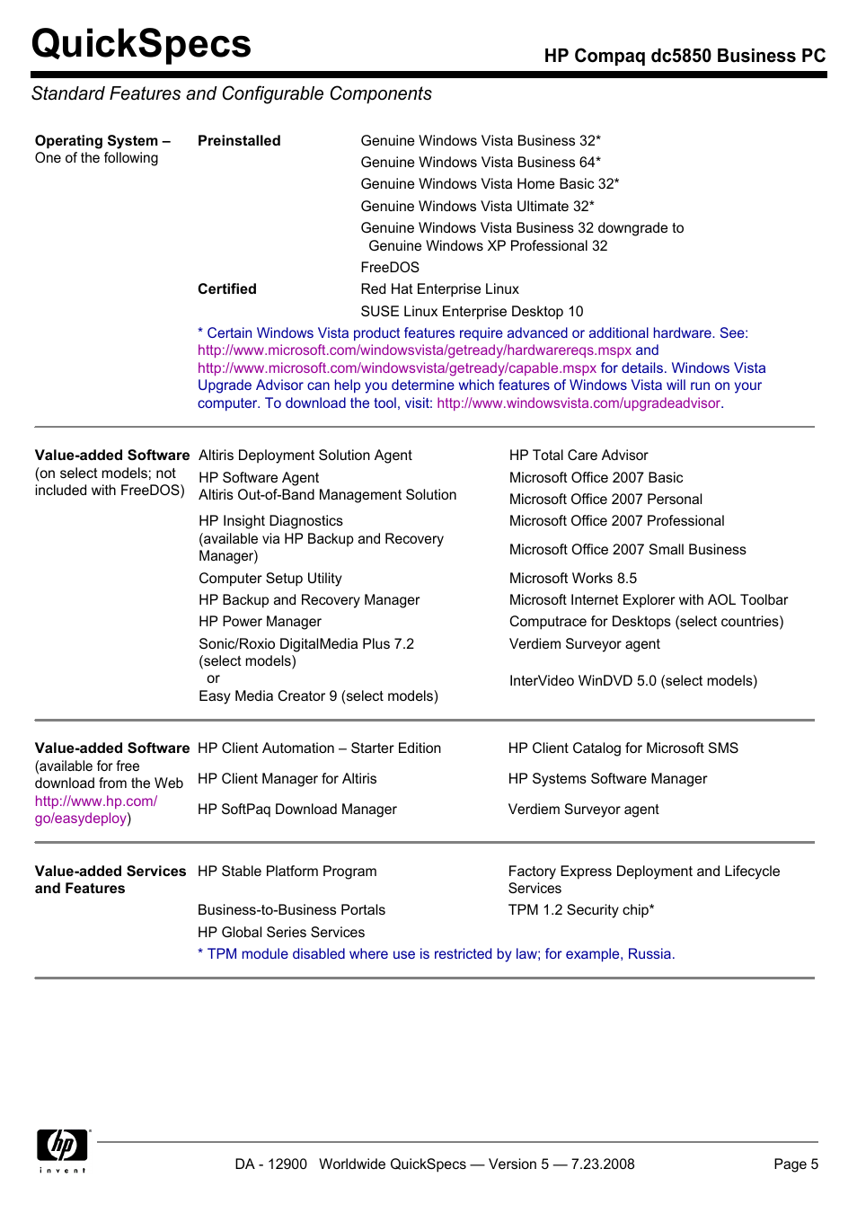 Standard features and configurable components, Quickspecs | HP Compaq Business PC dc5850 User Manual | Page 5 / 40