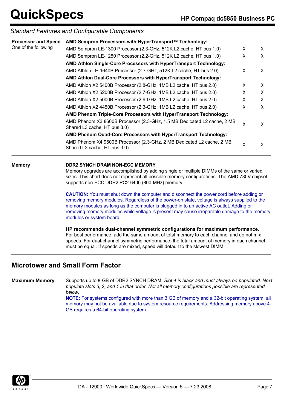 Quickspecs, Microtower and small form factor | HP Compaq Business PC dc5850 User Manual | Page 7 / 40