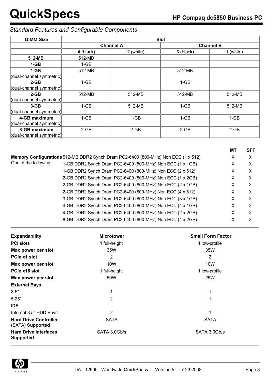 Quickspecs | HP Compaq Business PC dc5850 User Manual | Page 8 / 40