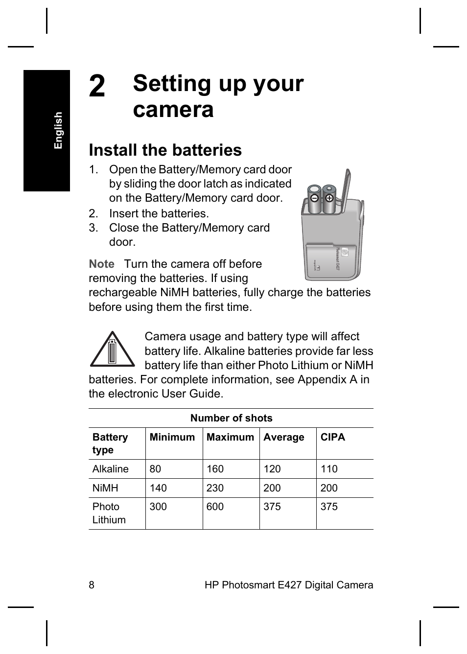 Setting up your camera, Install the batteries | HP E427 User Manual | Page 10 / 44