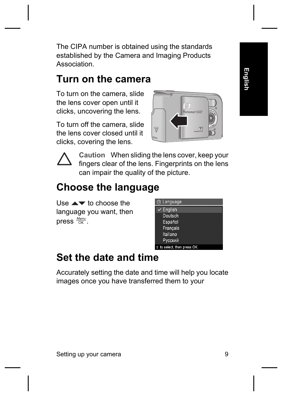 Turn on the camera, Choose the language, Set the date and time | HP E427 User Manual | Page 11 / 44