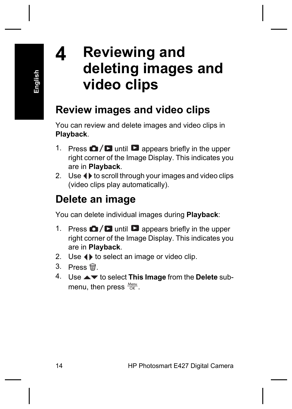 Reviewing and deleting images and video clips, Review images and video clips, Delete an image | HP E427 User Manual | Page 16 / 44