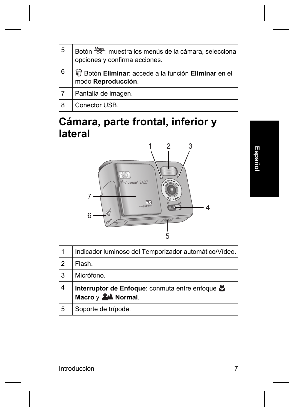 Cámara, parte frontal, inferior y lateral | HP E427 User Manual | Page 27 / 44