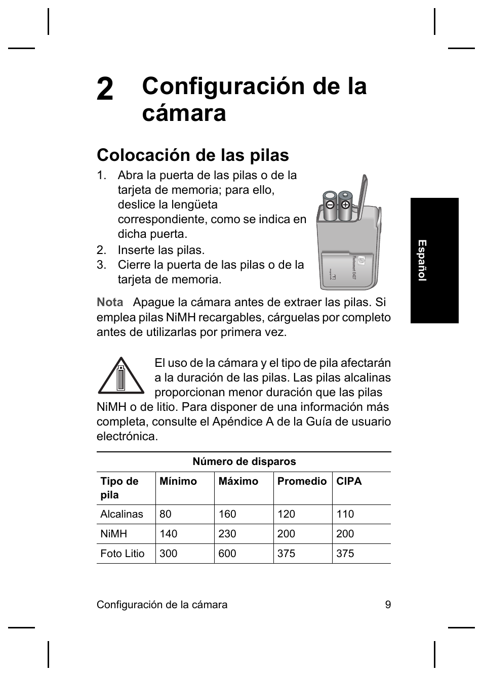 Configuración de la cámara, Colocación de las pilas | HP E427 User Manual | Page 29 / 44
