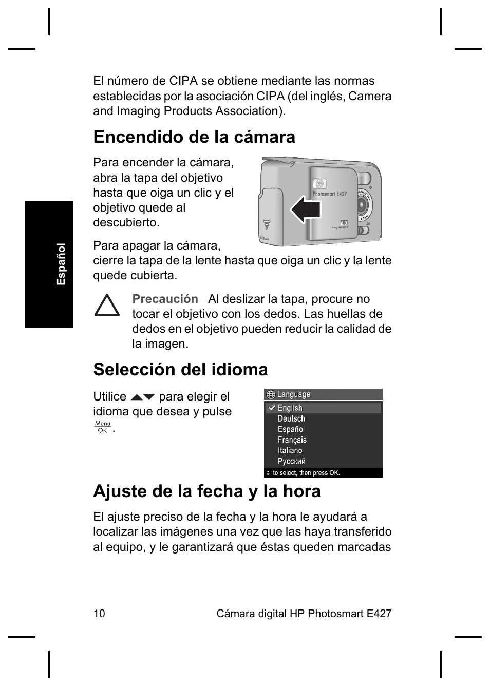 Encendido de la cámara, Selección del idioma, Ajuste de la fecha y la hora | HP E427 User Manual | Page 30 / 44