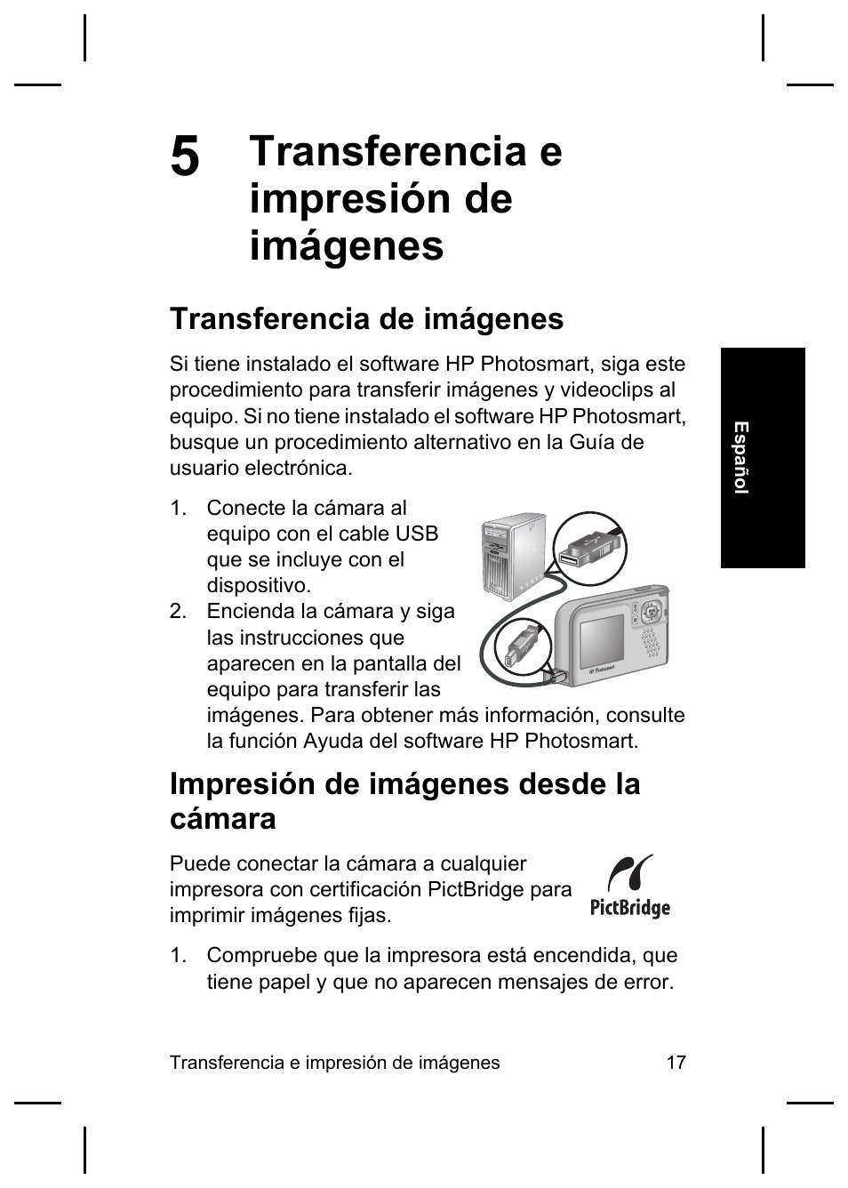 Transferencia e impresión de imágenes, Transferencia de imágenes, Impresión de imágenes desde la cámara | HP E427 User Manual | Page 37 / 44