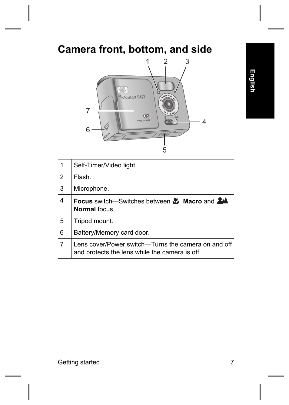 Camera front, bottom, and side | HP E427 User Manual | Page 9 / 44