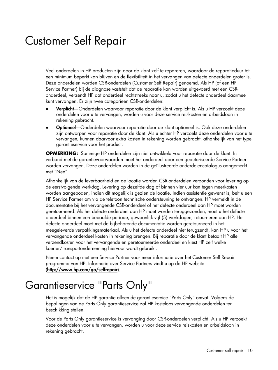 Customer self repair, Garantieservice "parts only | HP DL120 User Manual | Page 10 / 108