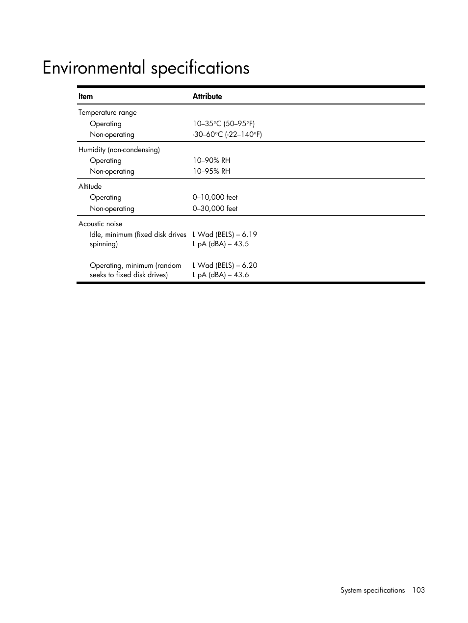 Environmental specifications | HP DL120 User Manual | Page 103 / 108