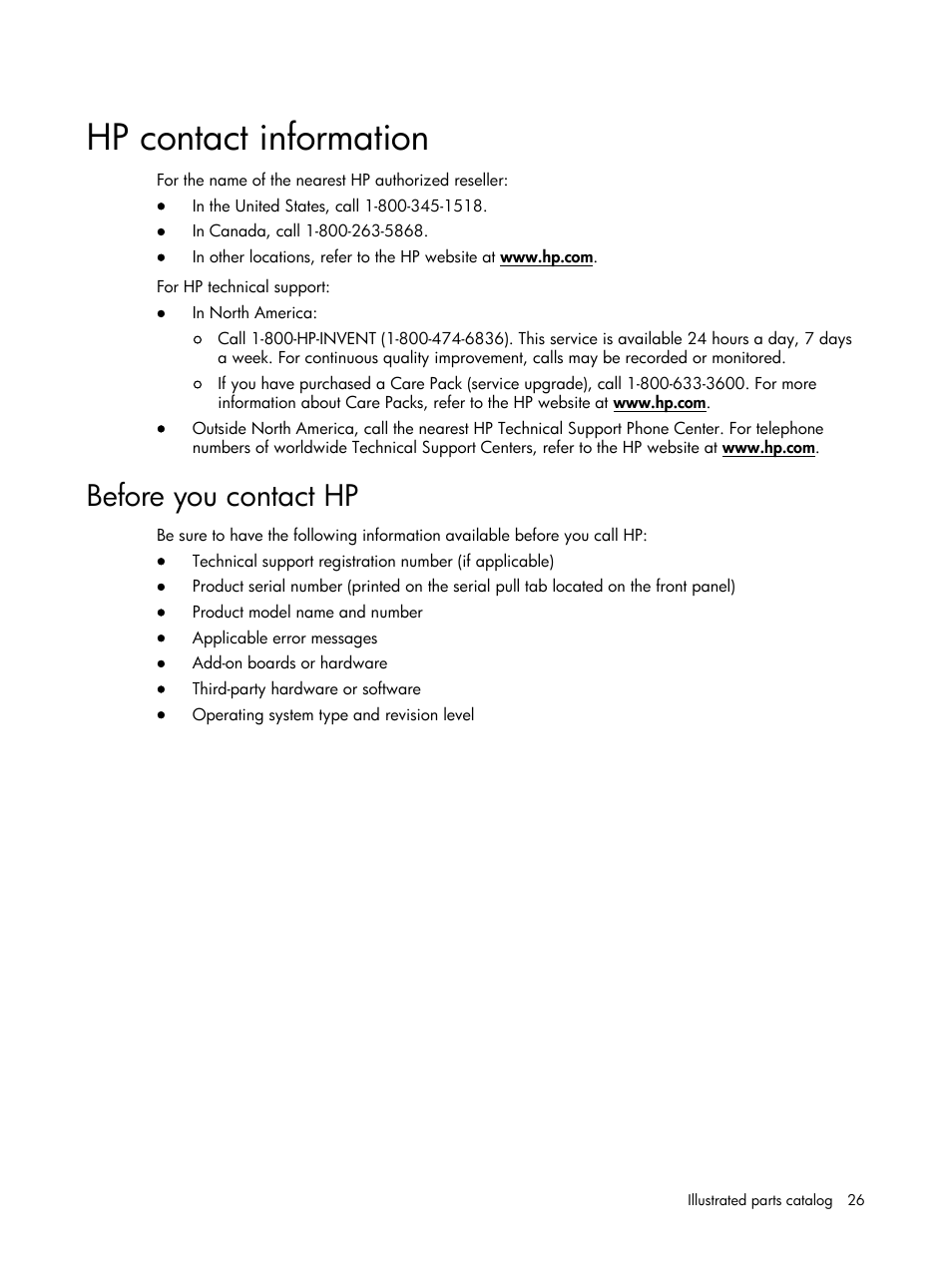 Hp contact information, Before you contact hp | HP DL120 User Manual | Page 26 / 108
