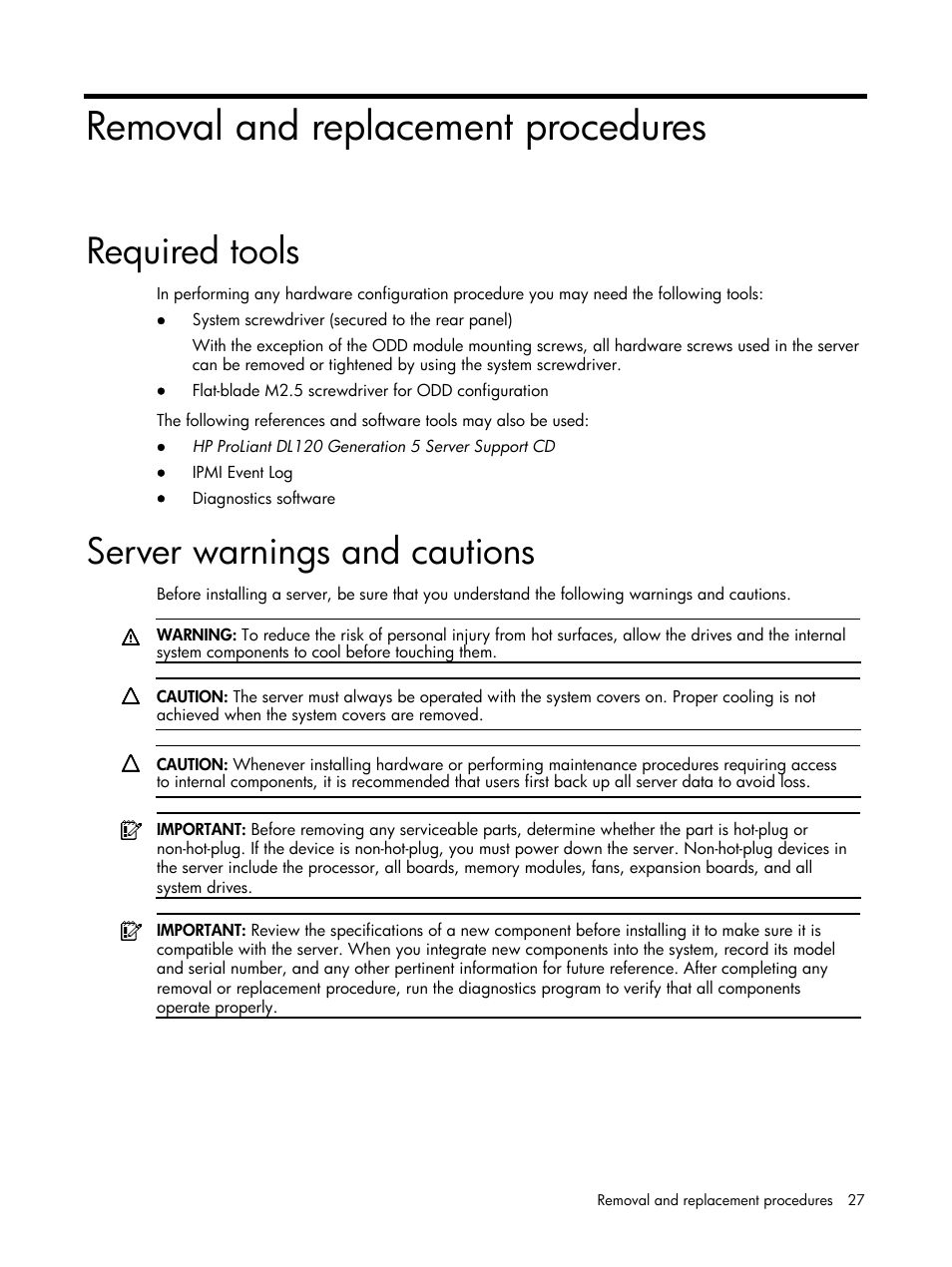 Removal and replacement procedures, Required tools, Server warnings and cautions | HP DL120 User Manual | Page 27 / 108