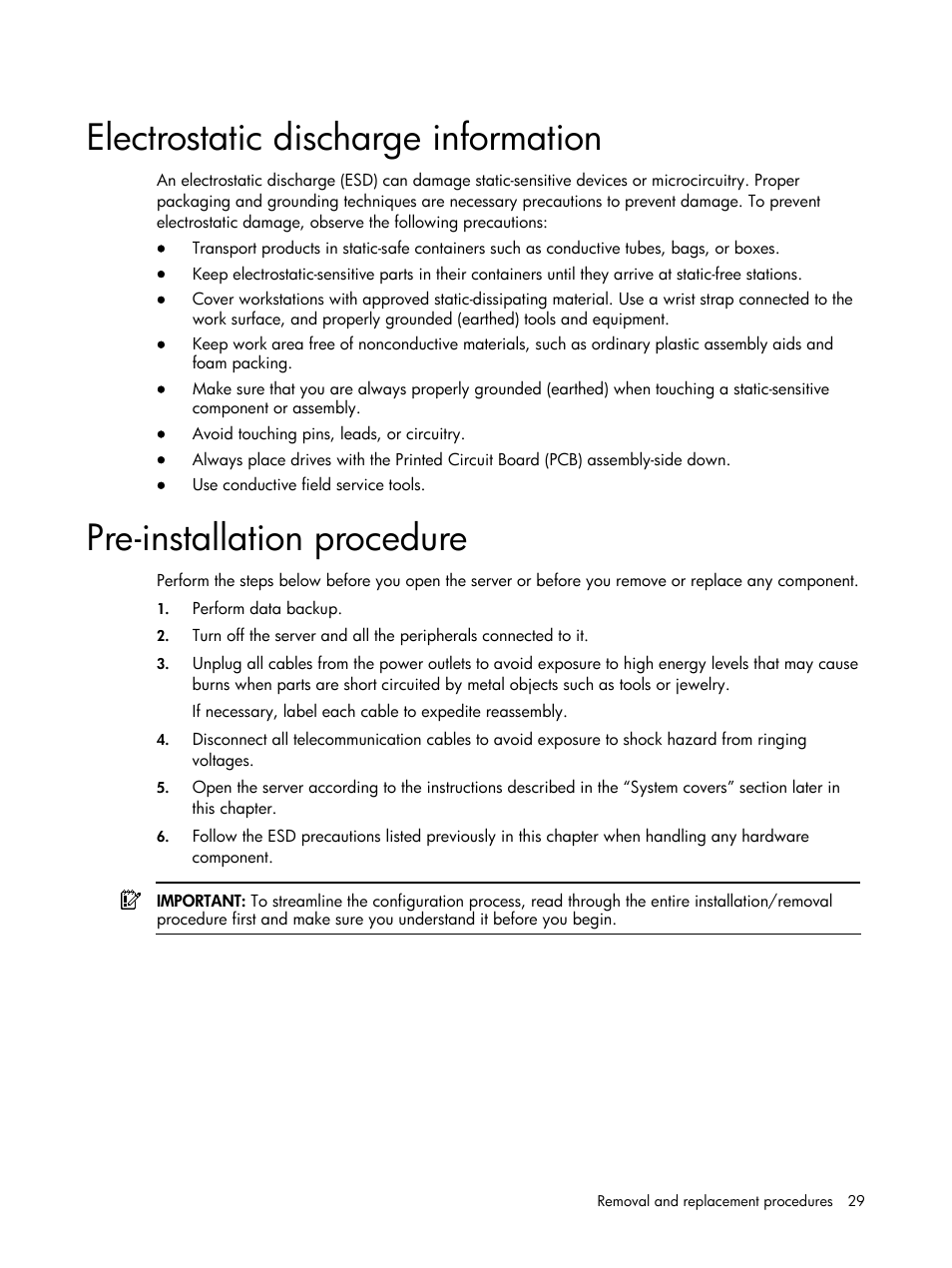 Electrostatic discharge information, Pre-installation procedure | HP DL120 User Manual | Page 29 / 108