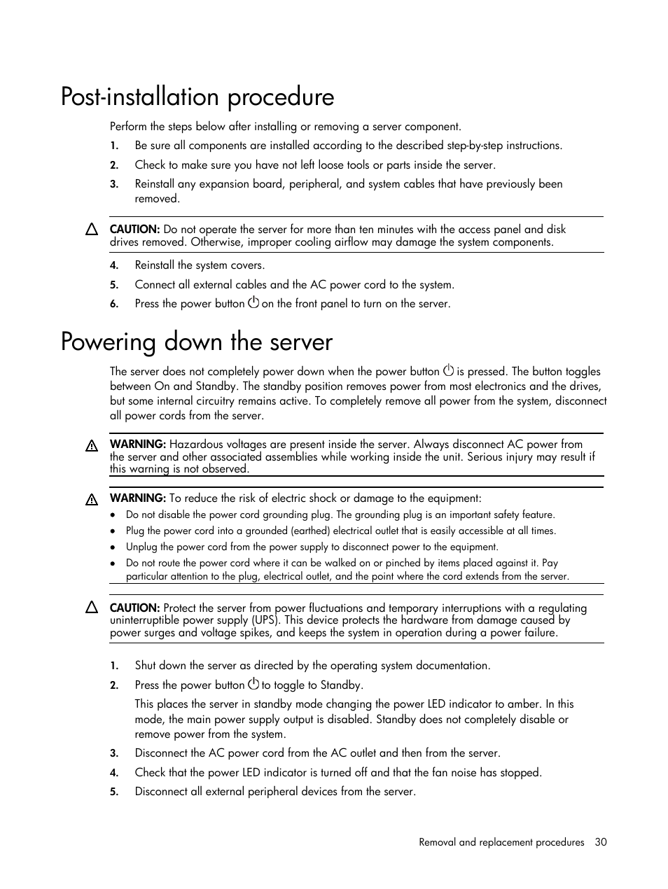 Post-installation procedure, Powering down the server | HP DL120 User Manual | Page 30 / 108