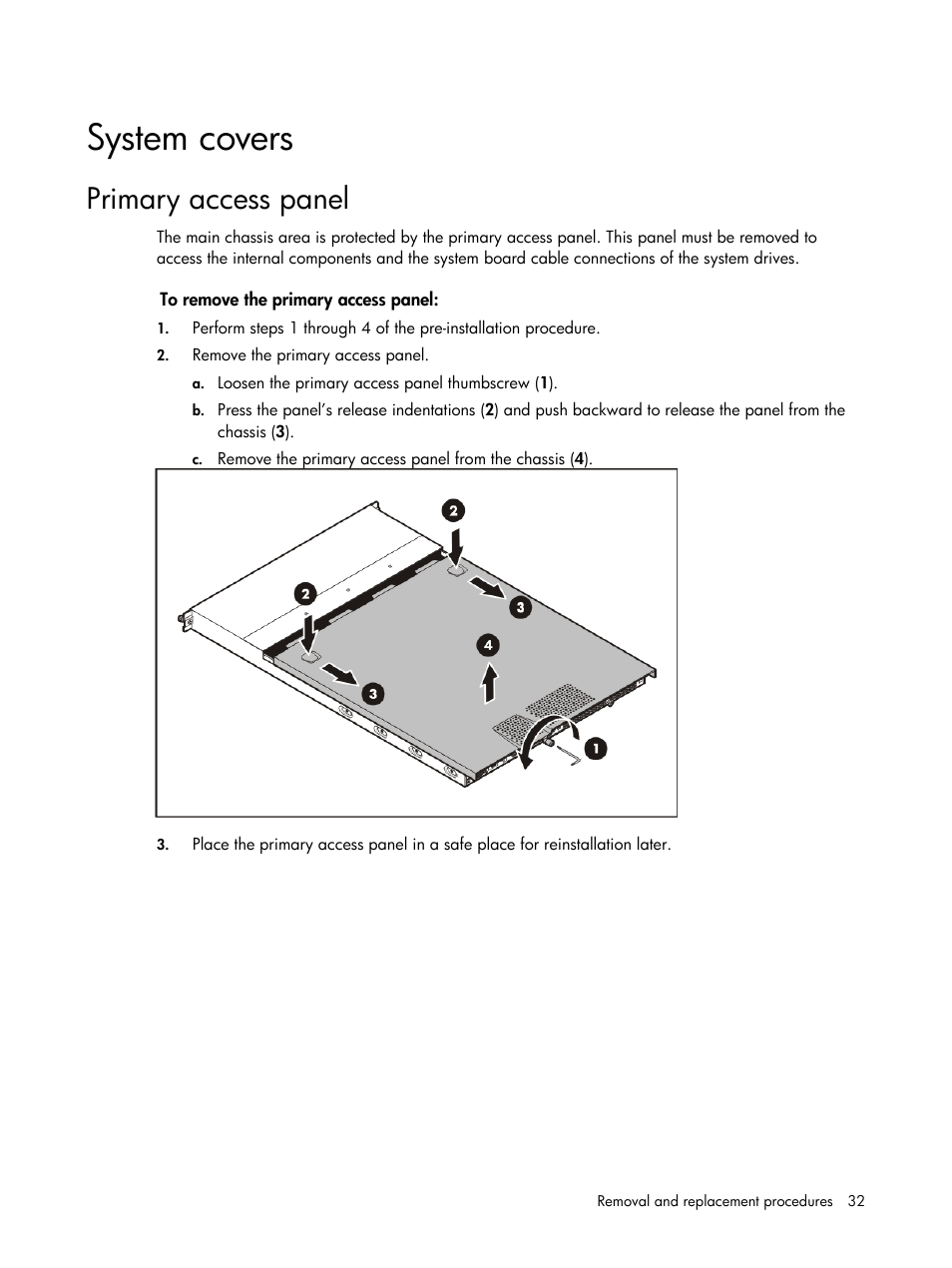 System covers, Primary access panel | HP DL120 User Manual | Page 32 / 108