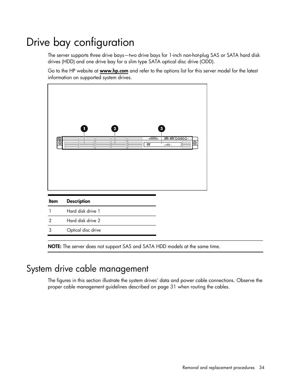 Drive bay configuration, System drive cable management | HP DL120 User Manual | Page 34 / 108