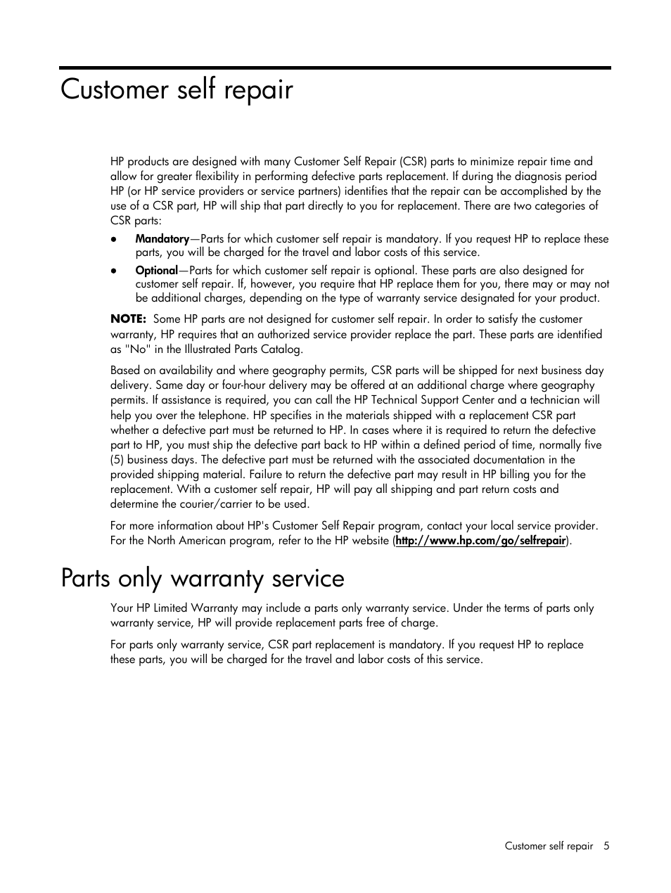 Customer self repair, Parts only warranty service | HP DL120 User Manual | Page 5 / 108