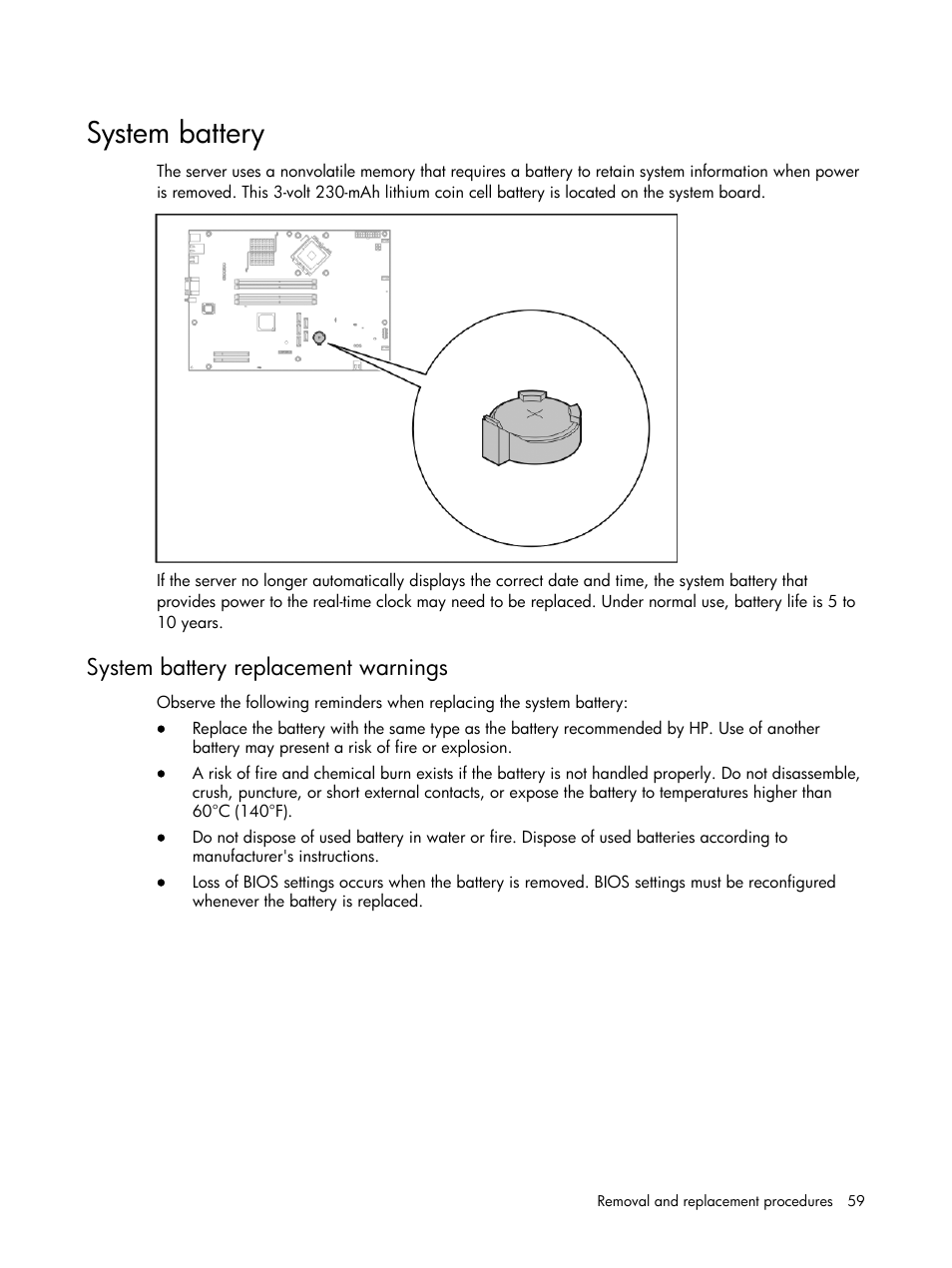 System battery, System battery replacement warnings | HP DL120 User Manual | Page 59 / 108