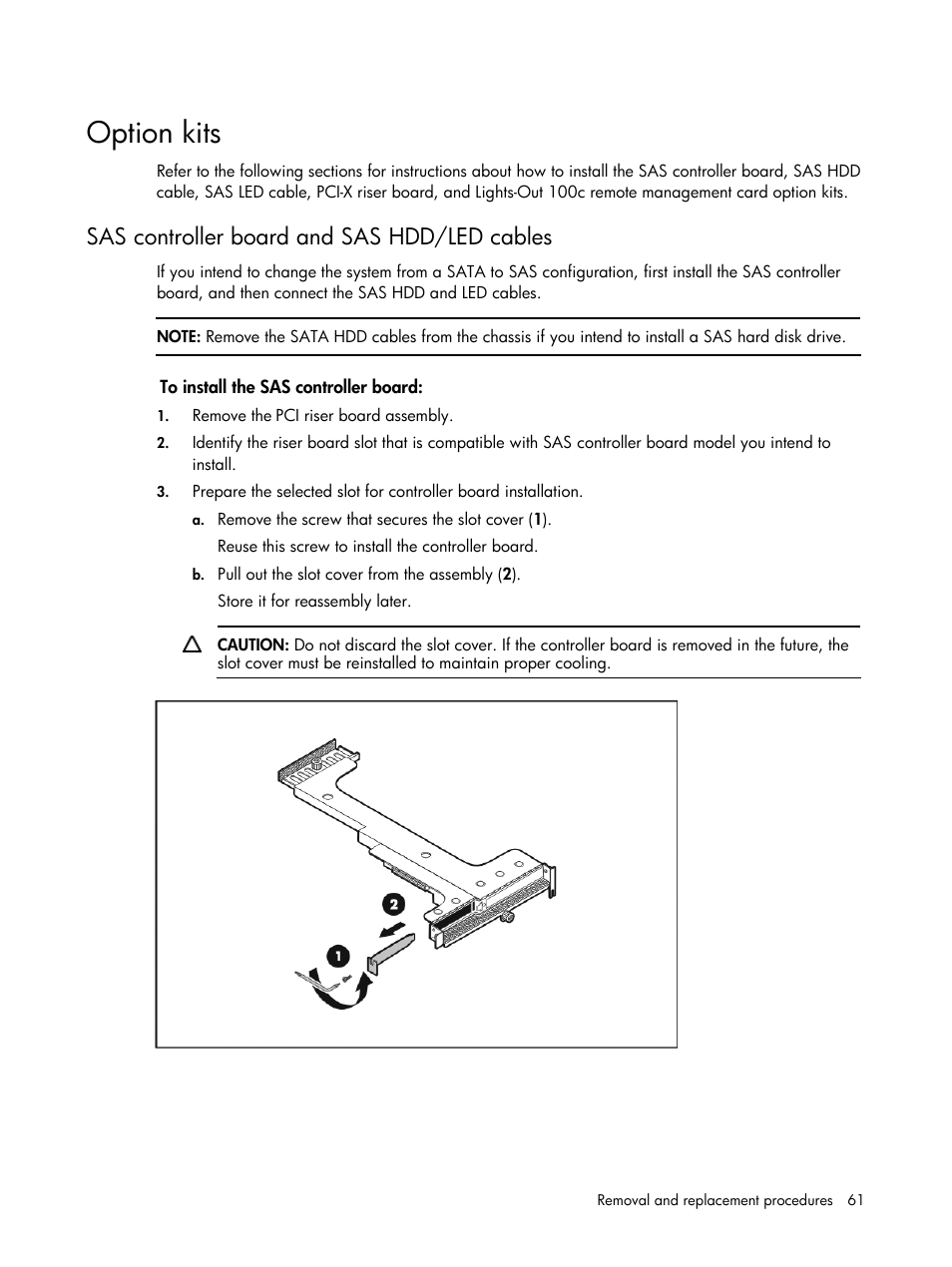 Option kits, Sas controller board and sas hdd/led cables | HP DL120 User Manual | Page 61 / 108