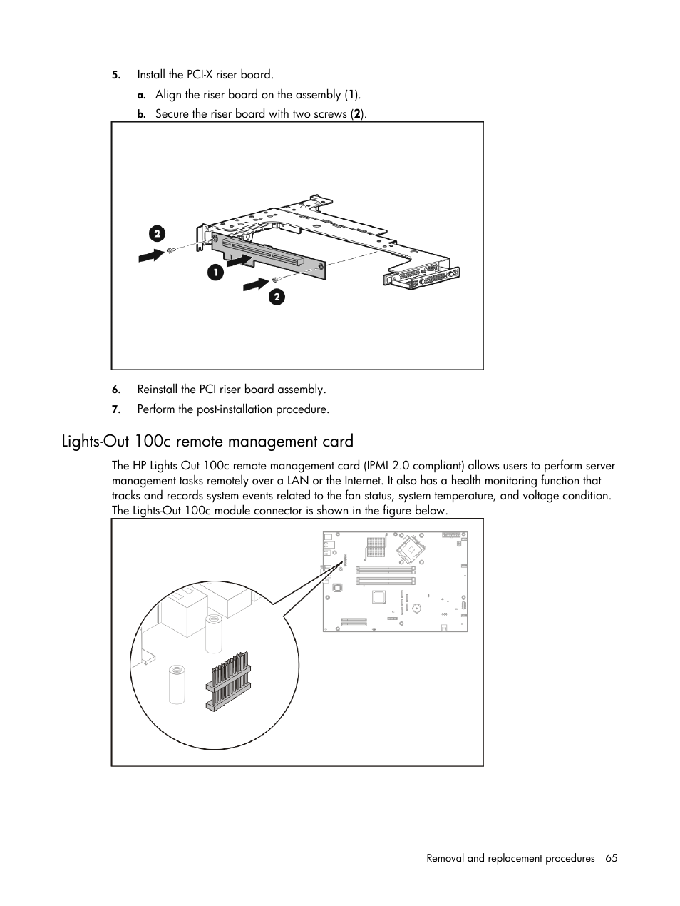 Lightsout 100c remote management card, Lights-out 100c remote management card | HP DL120 User Manual | Page 65 / 108