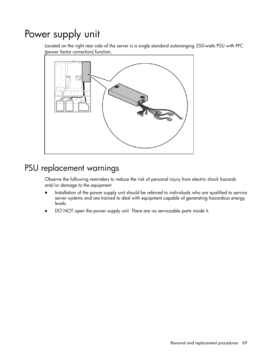 Power supply unit, Psu replacement warnings | HP DL120 User Manual | Page 69 / 108