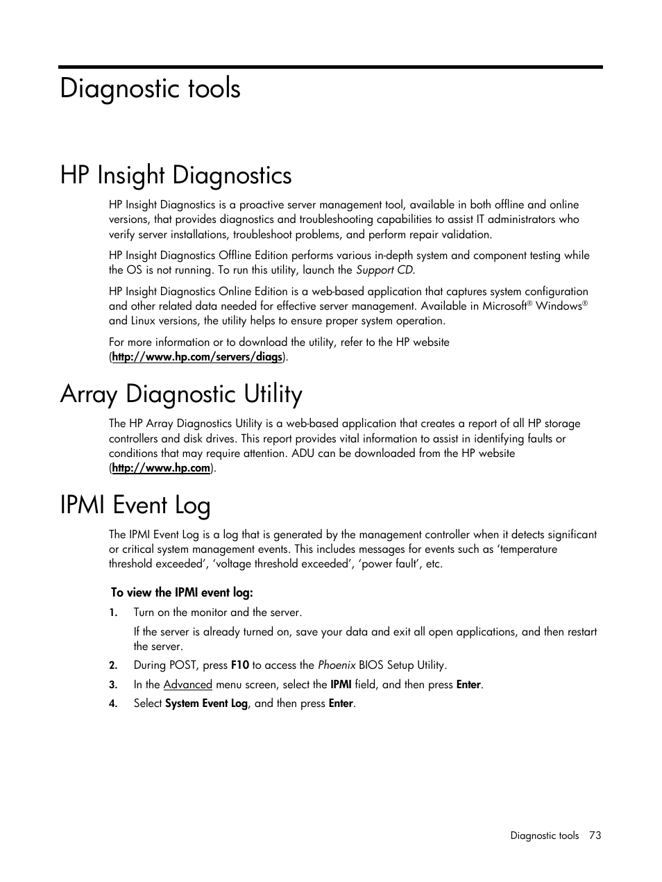 Diagnostic tools, Hp insight diagnostics, Array diagnostic utility | Ipmi event log | HP DL120 User Manual | Page 73 / 108