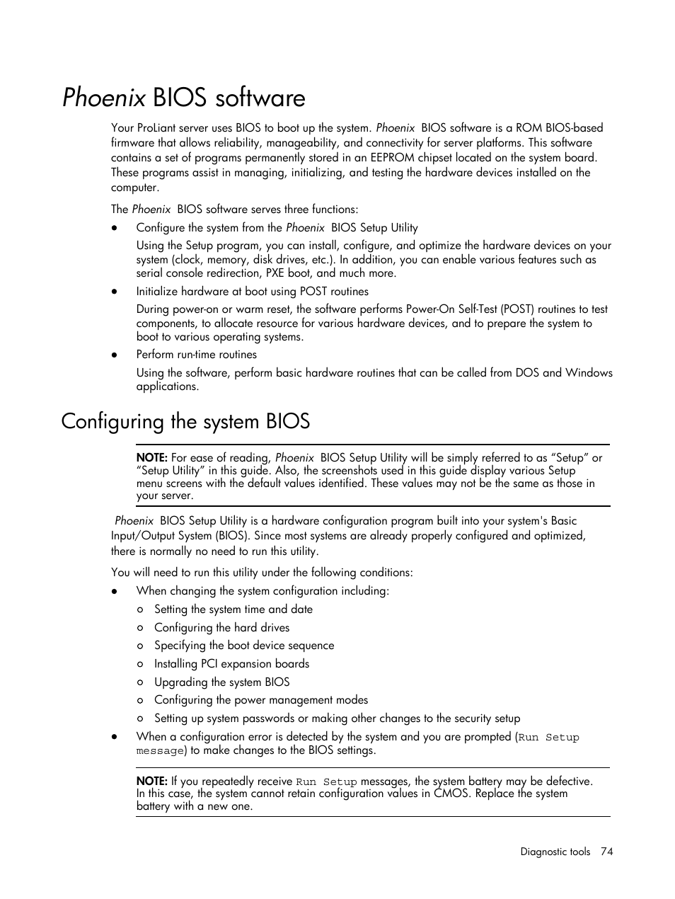Phoenix bios software, Configuring the system bios | HP DL120 User Manual | Page 74 / 108